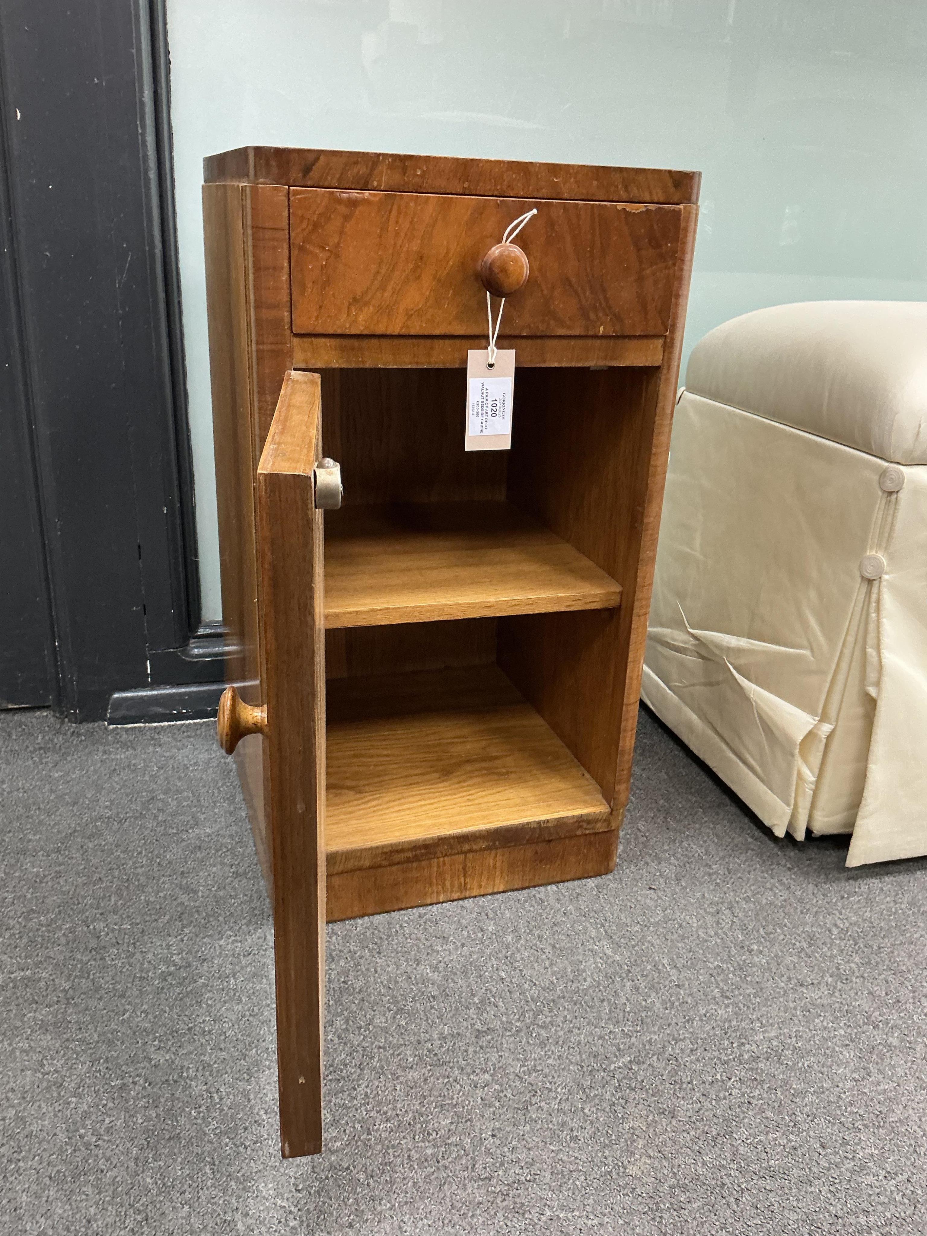 A pair of Art Deco walnut bedside cabinets width 33cm, depth 33cm, height 60cm